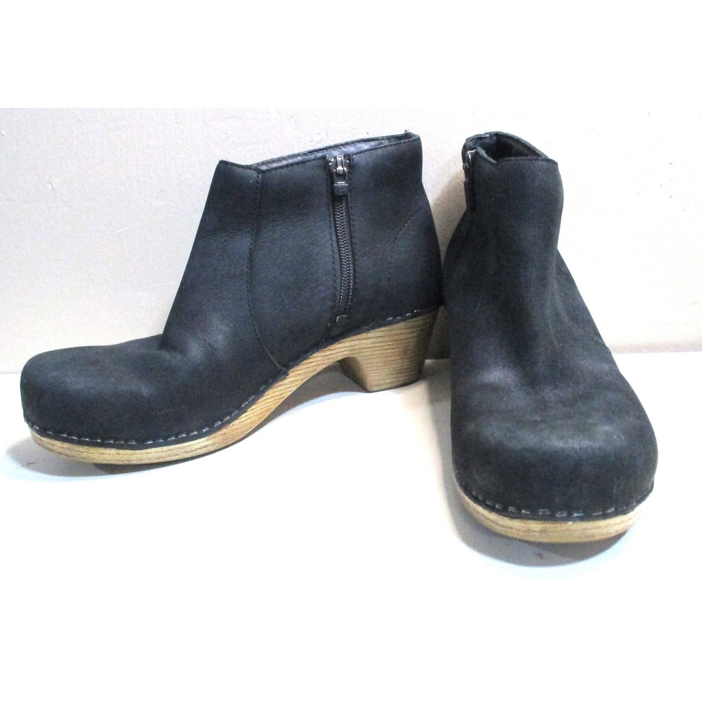 Dansko Blk Leather Clog Ankle Boots Maria Side Zip Wood Heel Sz 6.5 Clog Comfort